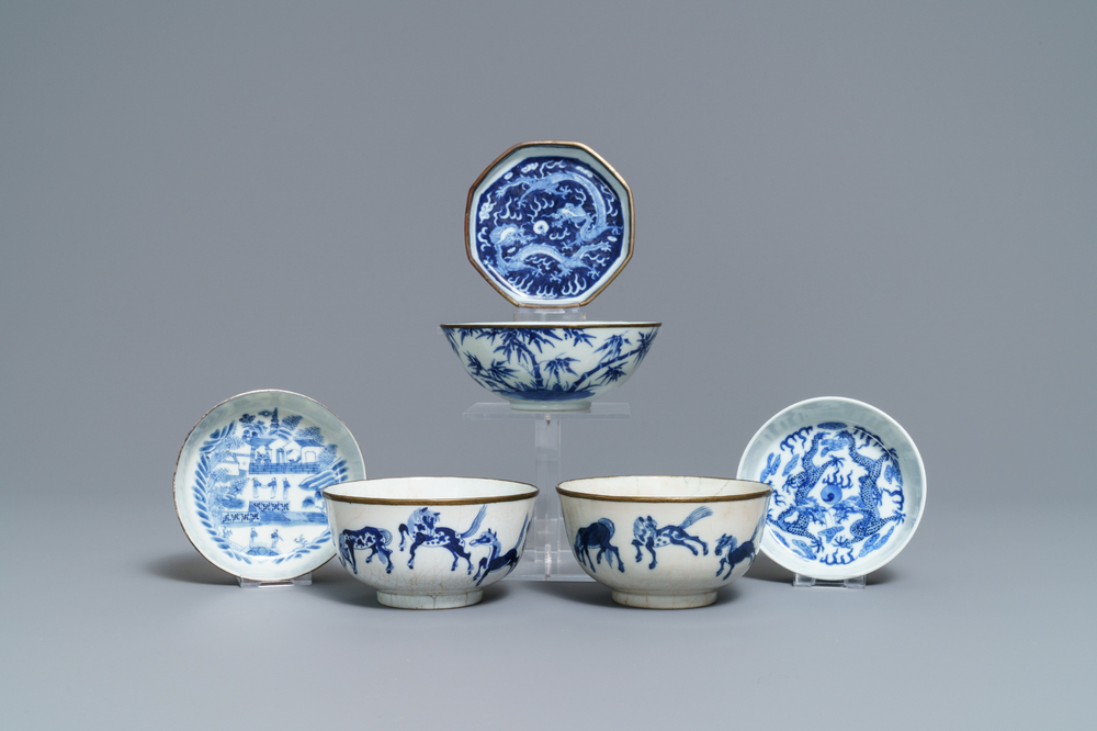 Six coupes et bols en porcelaine de Chine 'Bleu de Hue' pour le Vietnam, 19&egrave;me