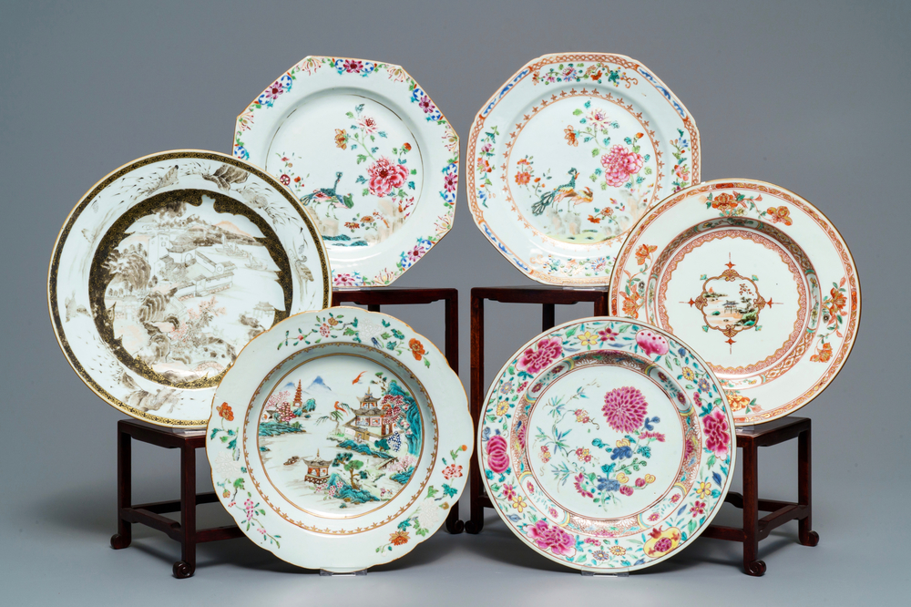 Six various Chinese famille rose, verte and grisaille plates, Yongzheng/Qianlong