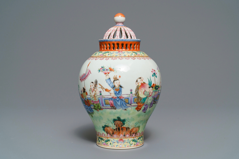 A reticulated Chinese famille rose 'Playing boys' vase, Jiaqing mark, Republic