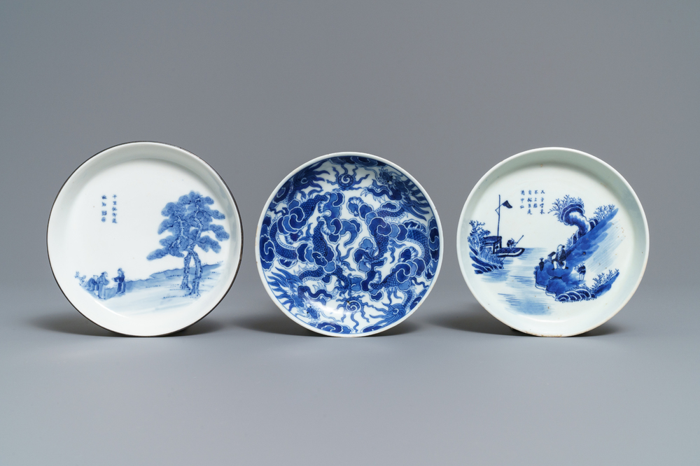 Three Chinese blue and white Vietnamese market 'Bleu de Hue' saucers, 19th C.