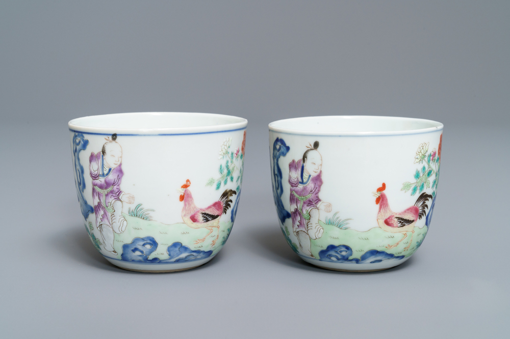 A pair of Chinese famille rose 'chicken' cups, Qianlong mark, late Qing or Republic