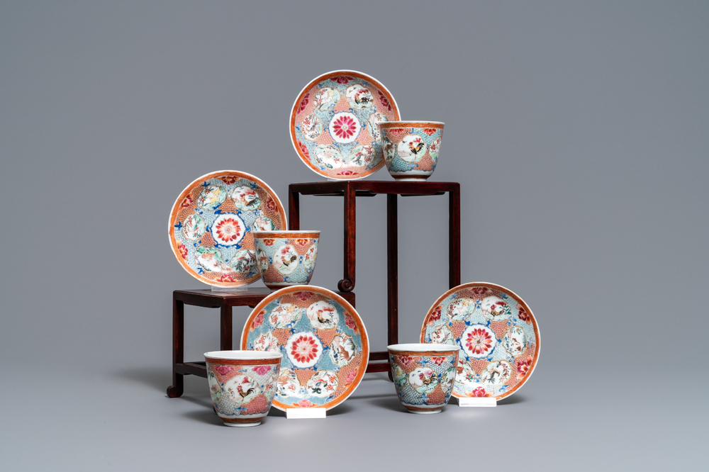 Quatre tasses et soucoupes en porcelaine de Chine famille rose &agrave; d&eacute;cor d'animaux, Qianlong