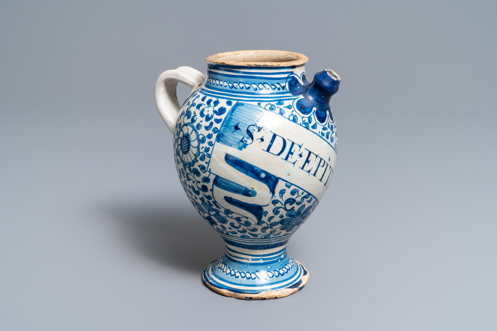 A blue and white Antwerp maiolica wet drug jar, dated 1609