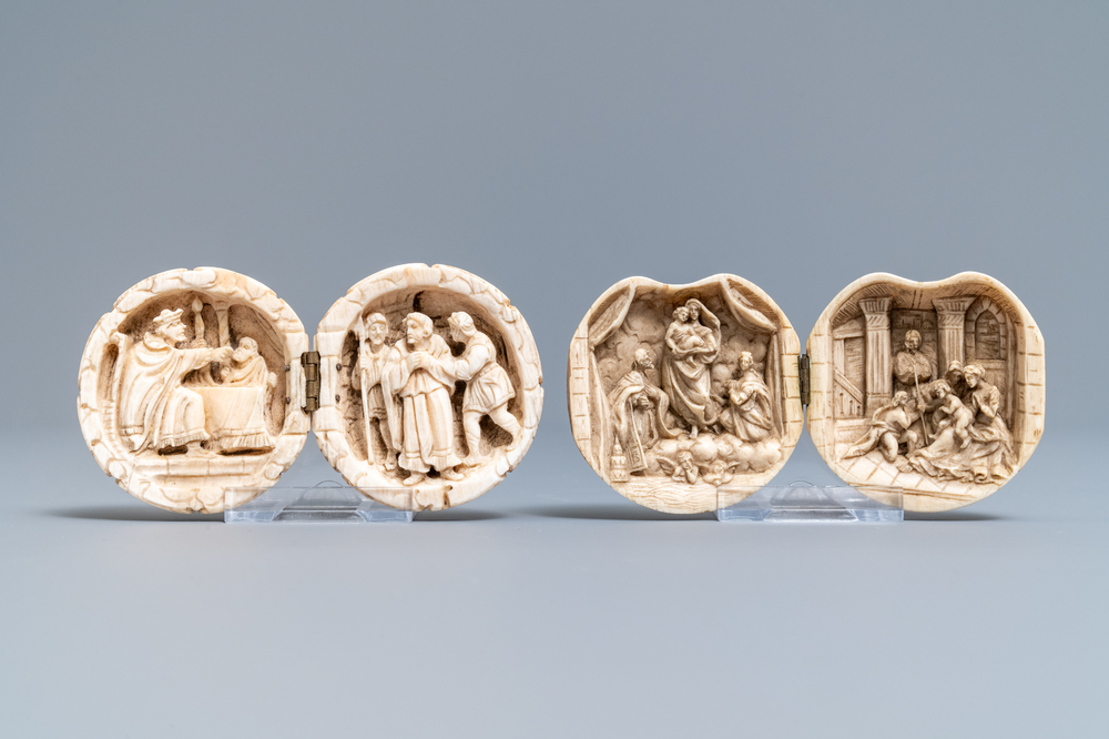 Two ivory diptych ball carvings, Dieppe, France, 18/19th C.