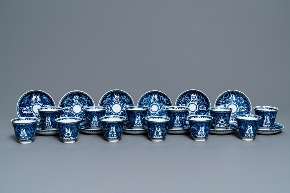 Twelve Chinese blue and white cups and saucers, 19th C.