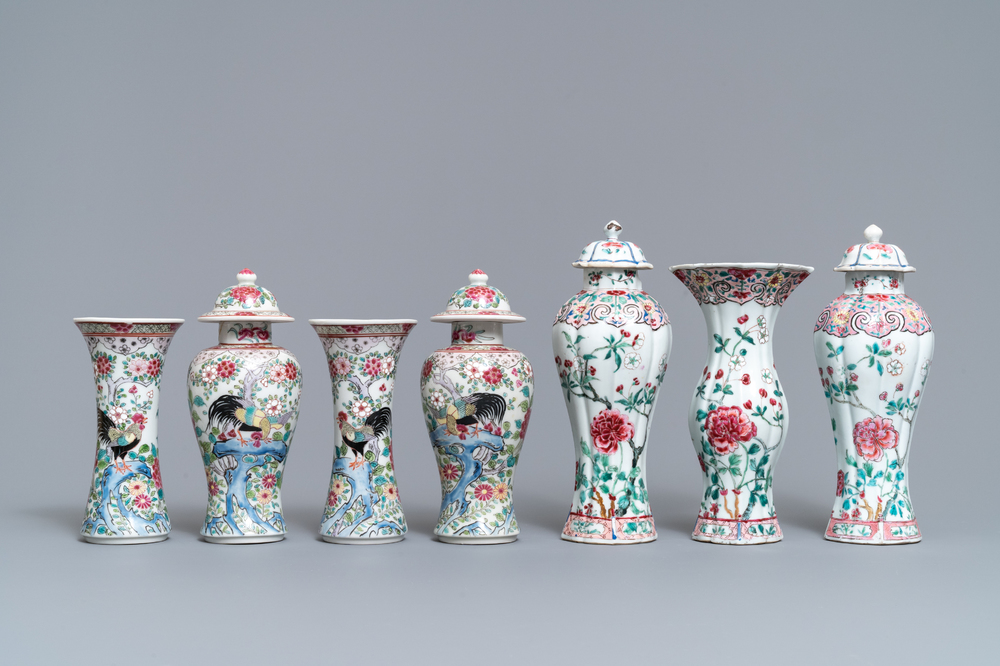 Two Chinese famille rose vase garnitures, Qianlong and 19th C.