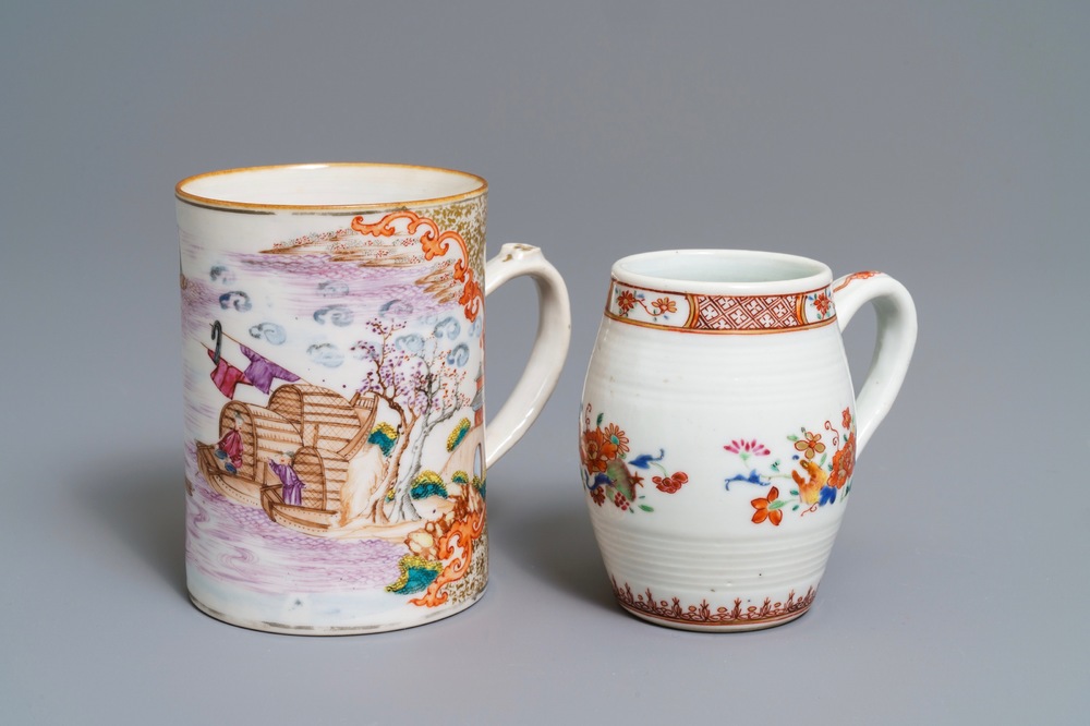 Two Chinese famille rose and 'Mandarin' design mugs, Qianlong