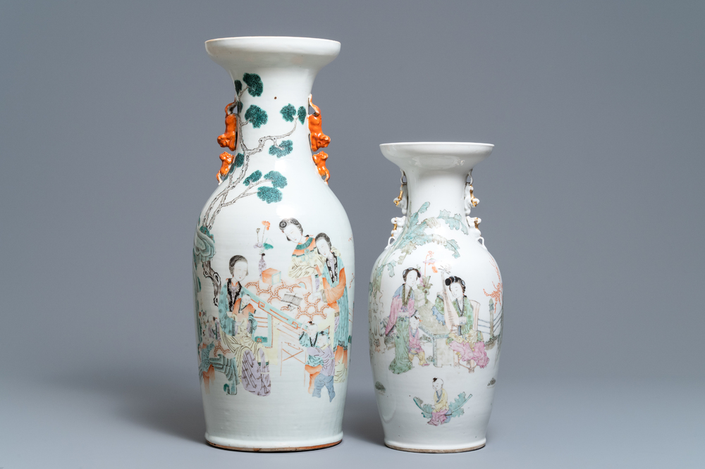 Two Chinese qianjiang cai vases with ladies and playing children, 19/20th C.