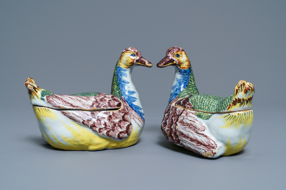 A pair of polychrome Dutch Delft duck-shaped tureens, 18th C.