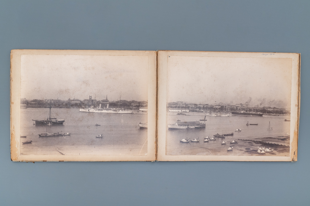 A Chinese album with nine silver gelatin albumen photos of a.o. the Shanghai Bund, dated 1899