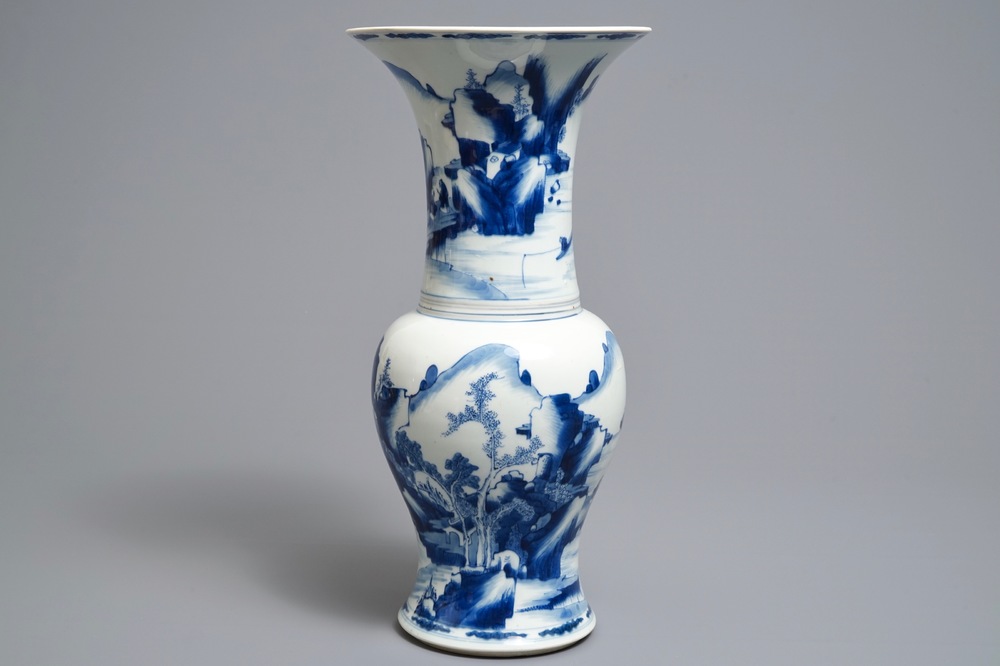 A Chinese blue and white yenyen vase with figures in a landscape, Kangxi