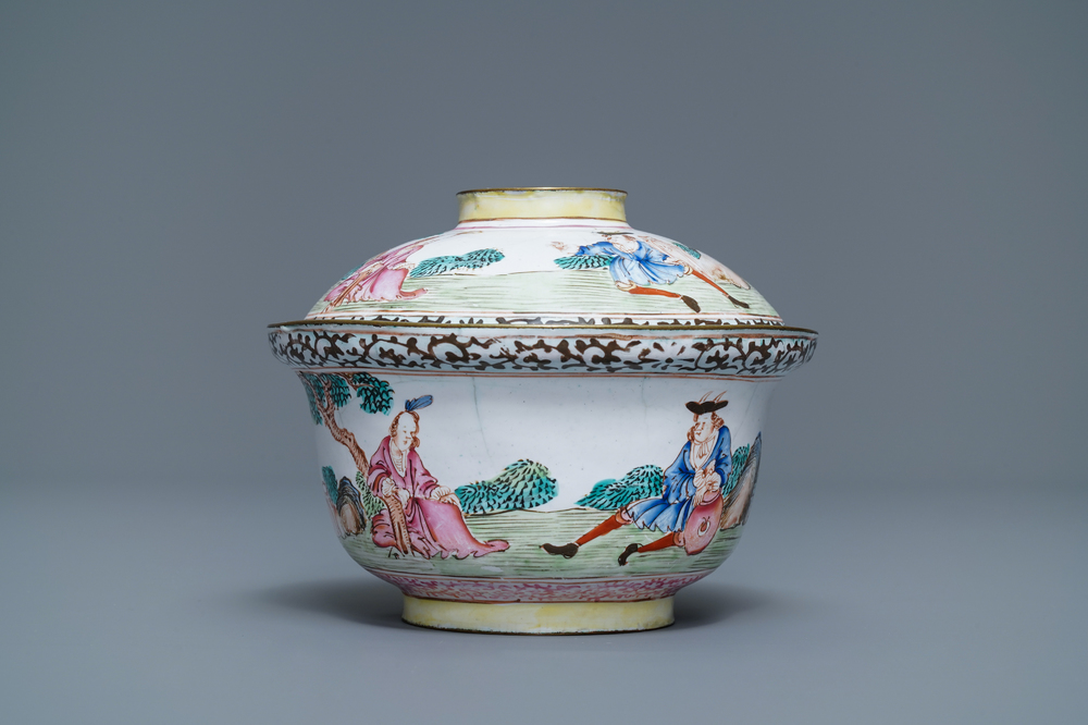 A Chinese Canton enamel 'Europeans' bowl and cover, Qianlong