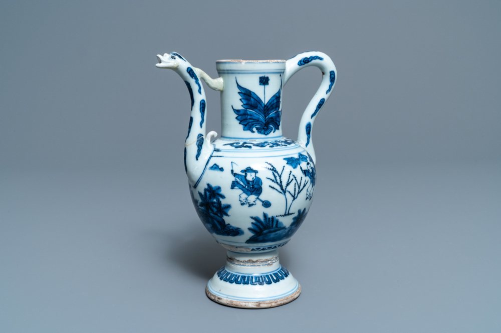 A Chinese blue and white 'playing boys' ewer, Wanli