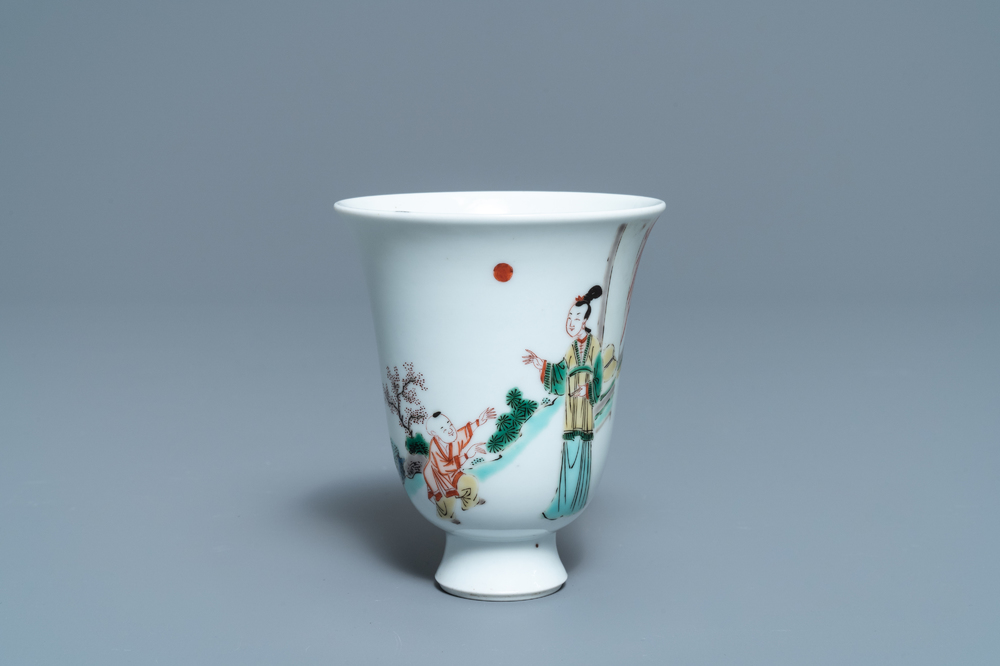 A fine Chinese famille verte bell-shaped wine cup, Kangxi