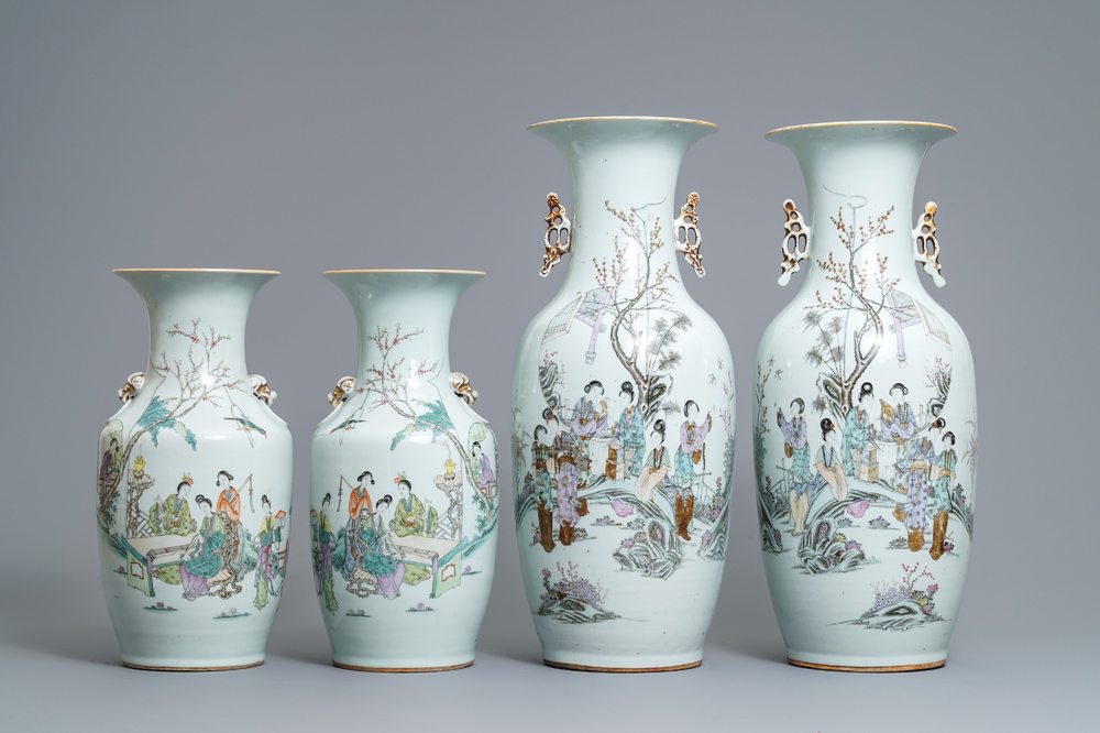 Two pairs of Chinese famille rose vases with ladies in a garden, 19/20th C.