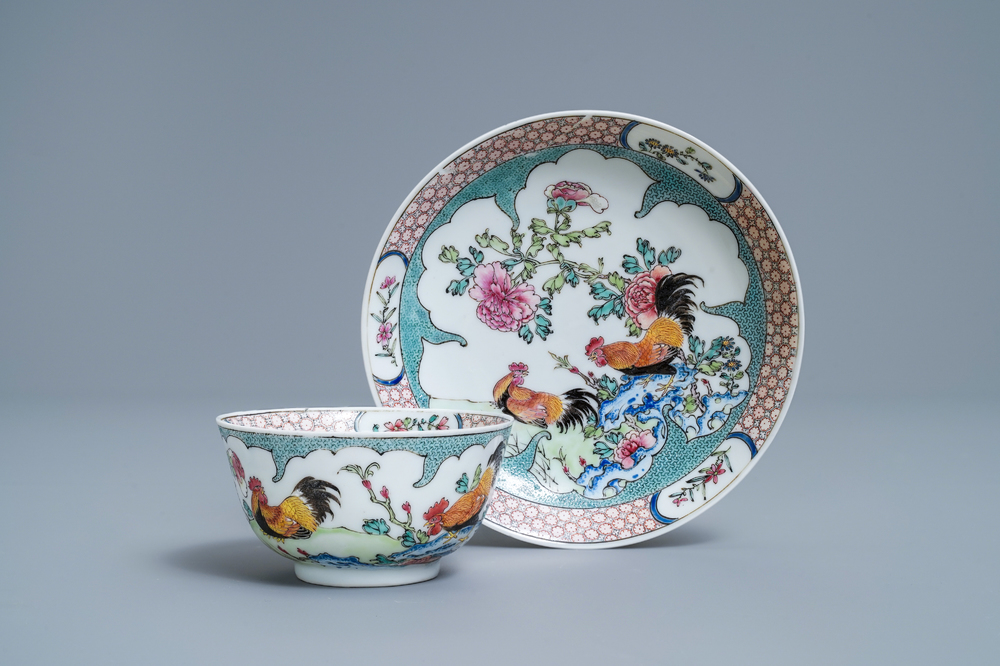 A fine Chinese famille rose eggshell 'rooster' cup and saucer, Yongzheng