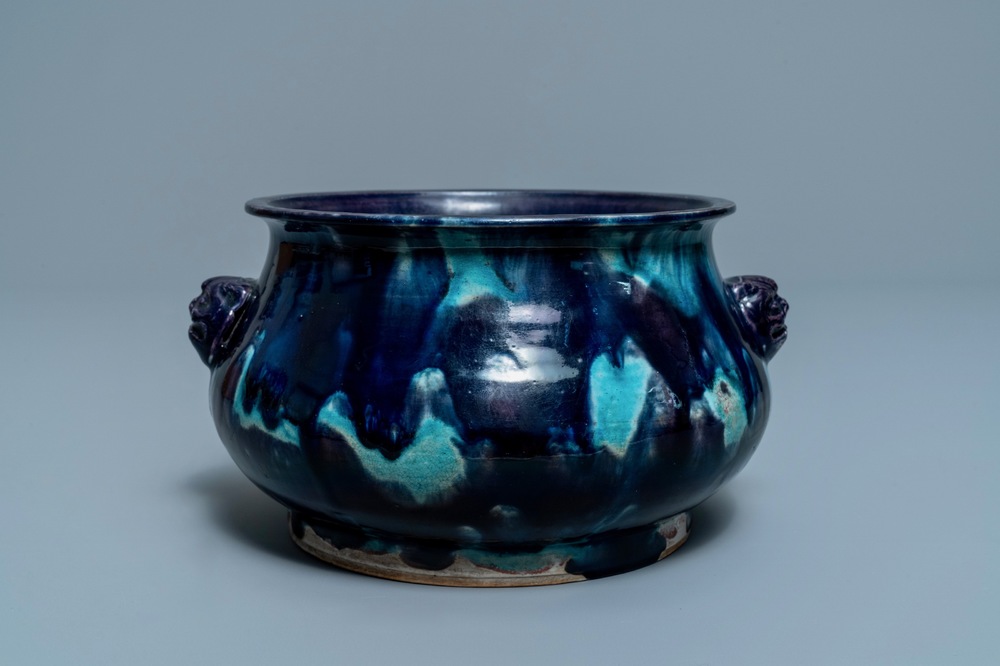 A Chinese turquoise- and purple-splashed censer, Kangxi