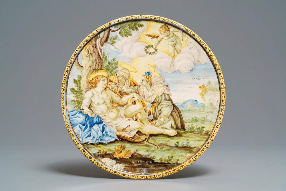 An Italian maiolica tazza with fine biblical scene, Castelli, Grue workshop, 18th C.