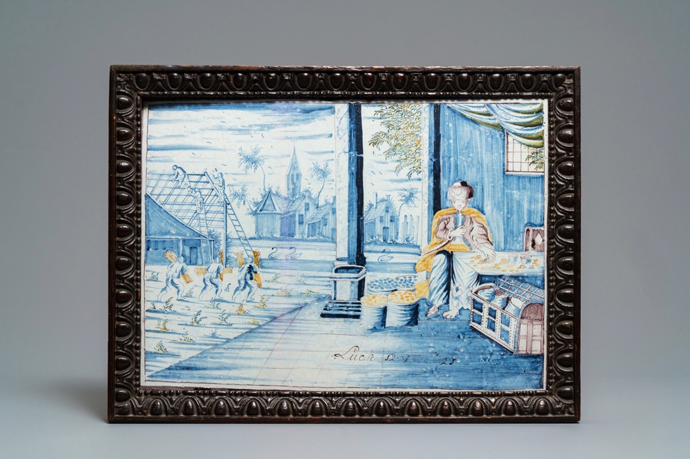 Une grande plaque de forme rectangulaire en fa&iuml;ence polychrome de Delft, la Frise, 18&egrave;me