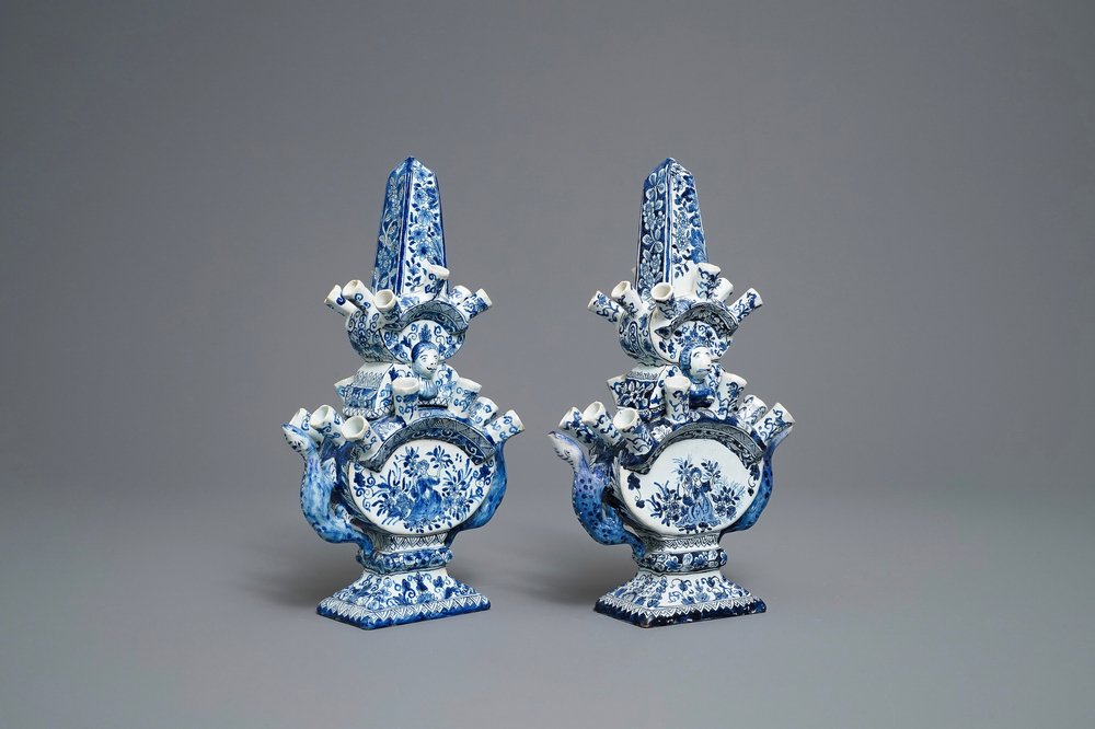 A pair of blue and white Delft-style tulip vases, Samson, France, 19th C.