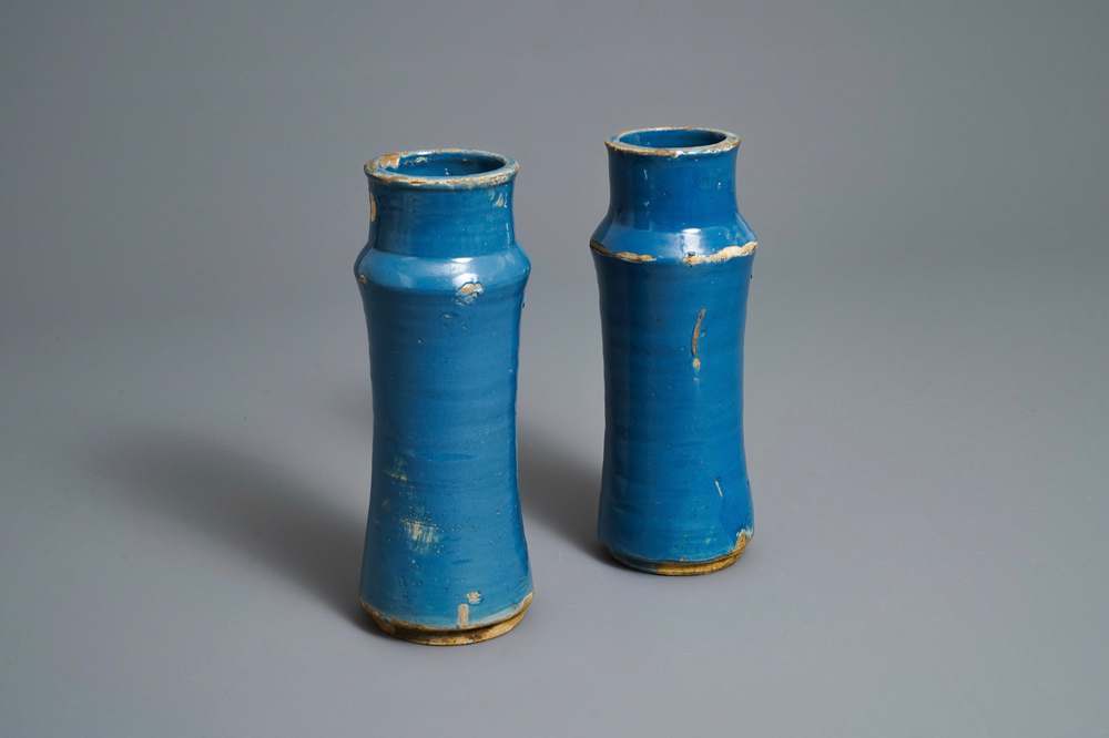 A pair of monochrome blue albarelli, Spain, 17th C.