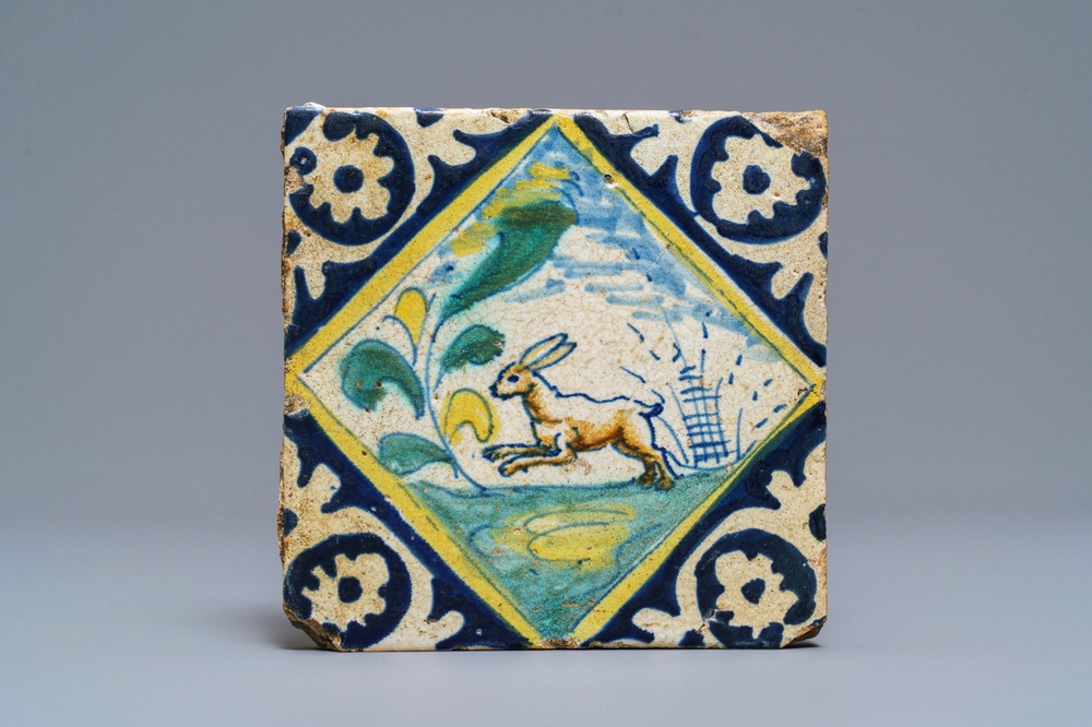 A polychrome Dutch Delft maiolica tile with a hare, ca. 1600