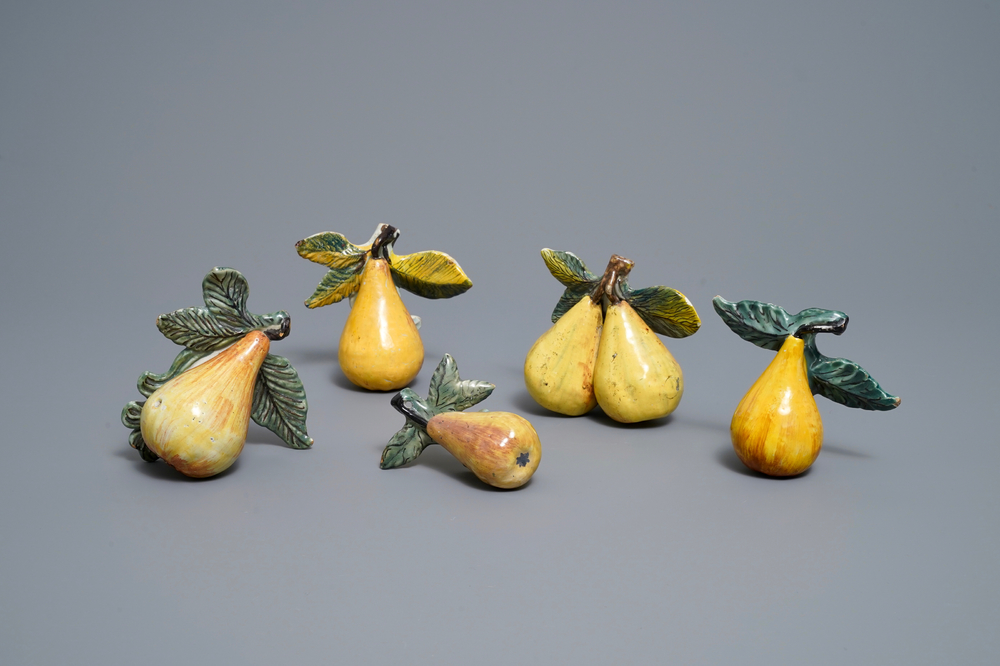 Five polychrome Dutch Delft models of pears, 18th C.