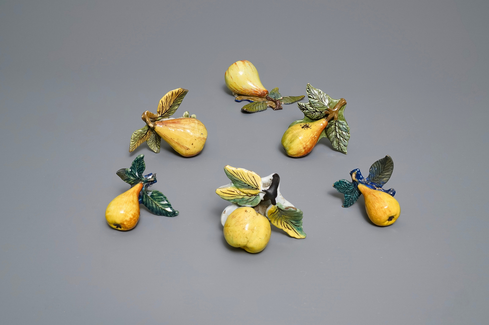 Six polychrome Dutch Delft models of apples and pears, 18th C.