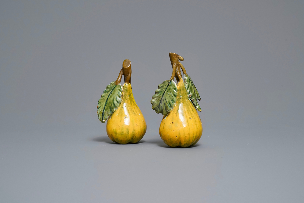 Two polychrome Dutch Delft models of pears, 18th C.