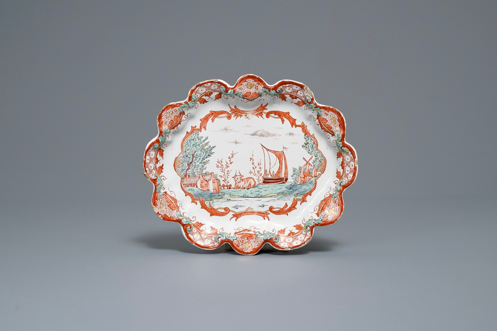 An oval Dutch Delft dor&eacute; dish with lobed border, 18th C.