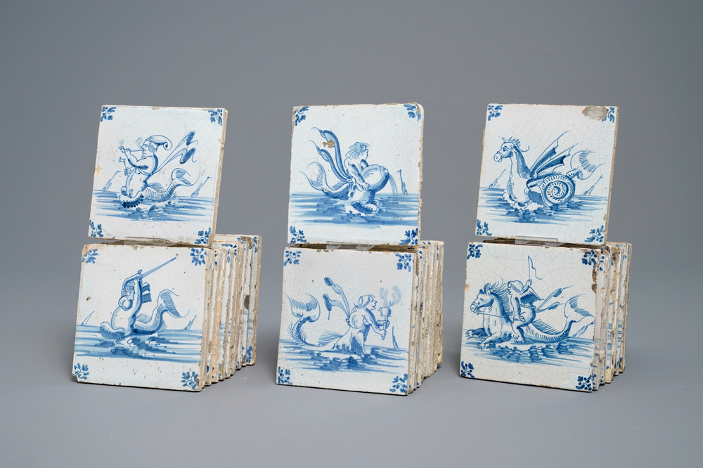 35 carreaux en fa&iuml;ence de Delft en bleu et blanc &agrave; d&eacute;cor de monstres marins et de navires, Gand, 17&egrave;me