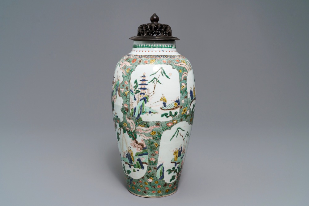 A Chinese famille verte vase with landscape medallions, Kangxi