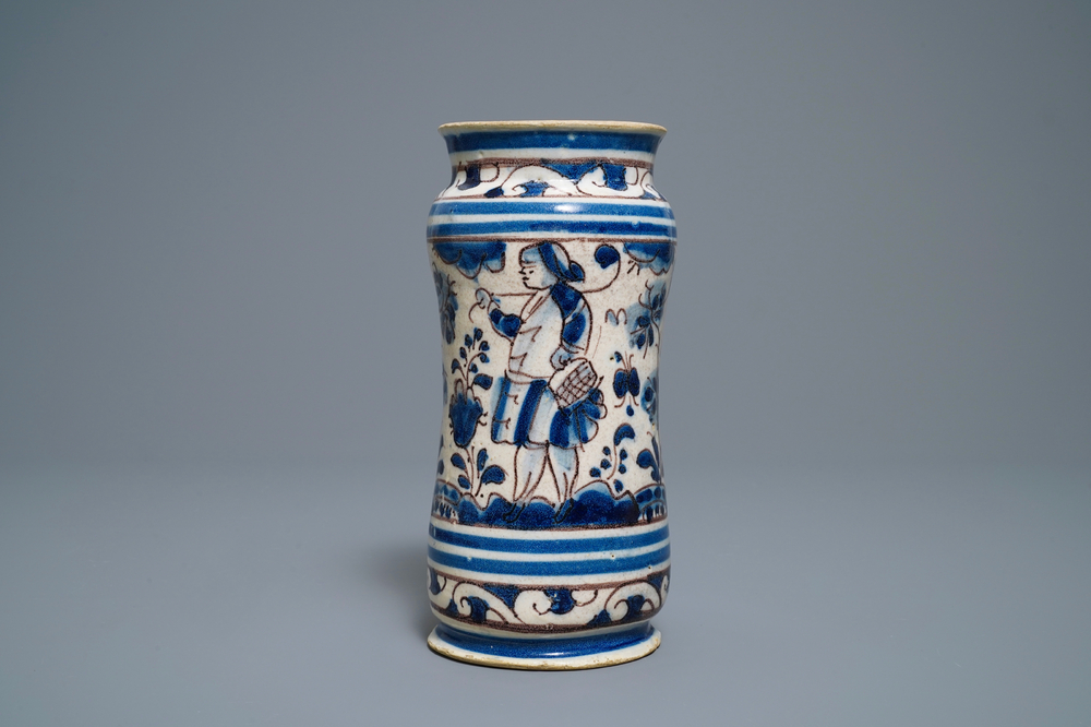 A blue, white and manganese Portuguese faience albarello, 17th C.