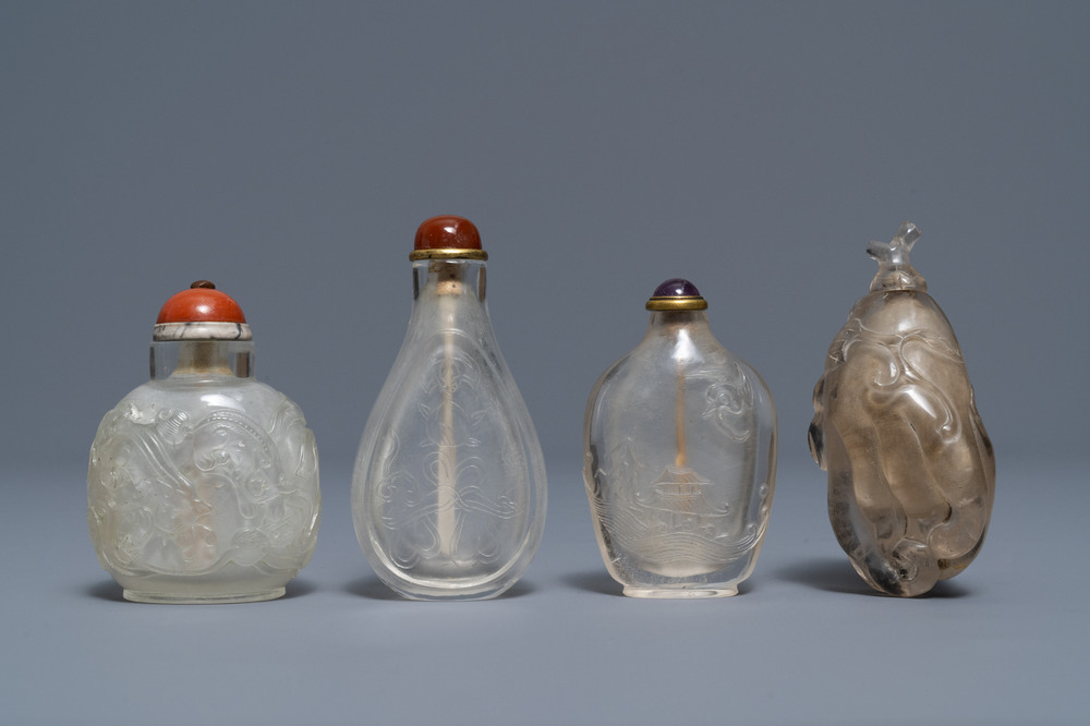 Four Chinese smoky quartz and rock crystal snuff bottles, 18/19th C.