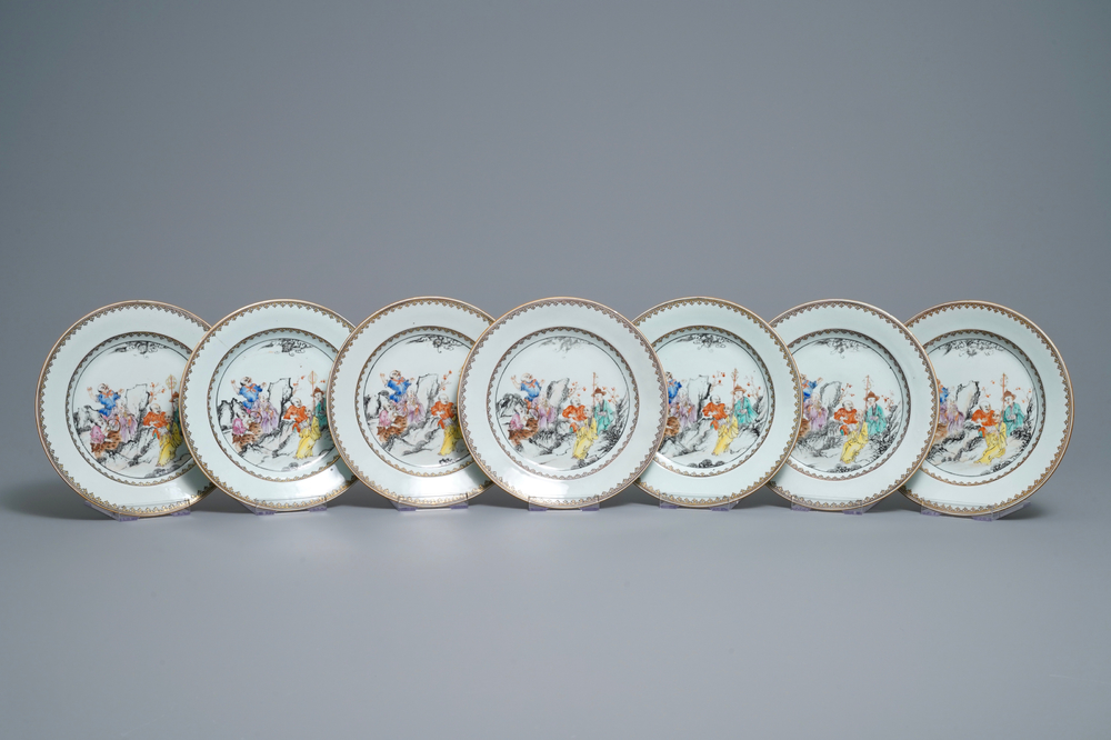 Seven Chinese famille rose plates with Luohan near a tiger, Qianlong