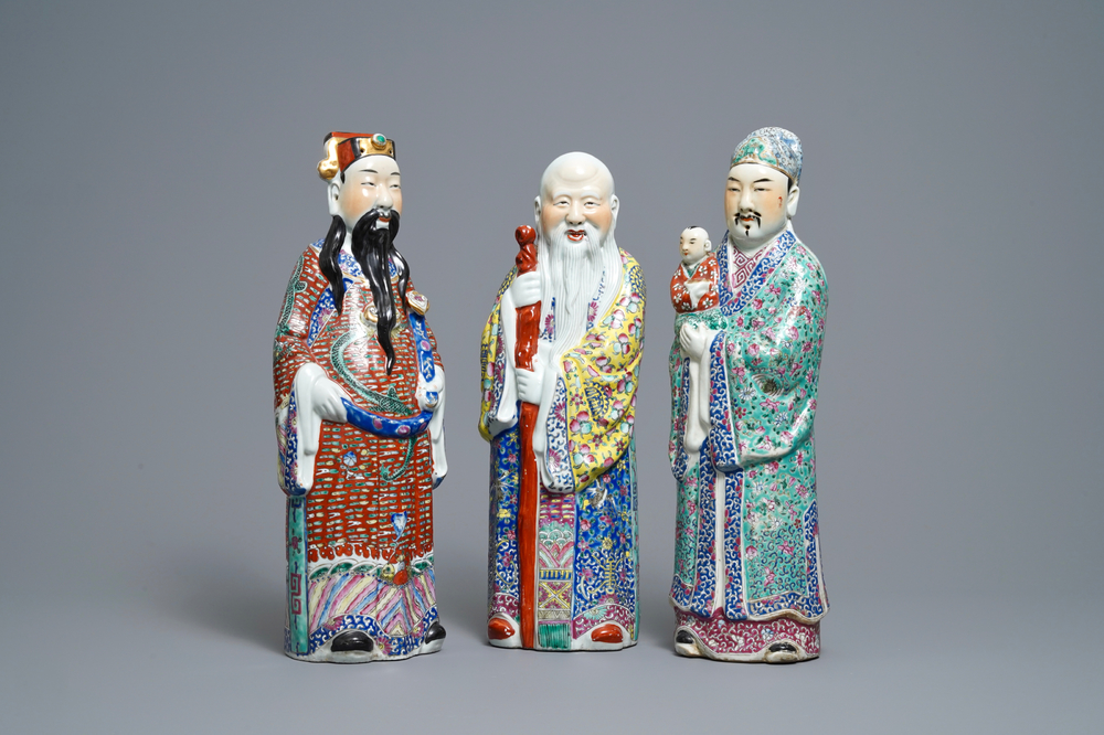 Three Chinese famille rose figures of the three star gods, 19/20th C.