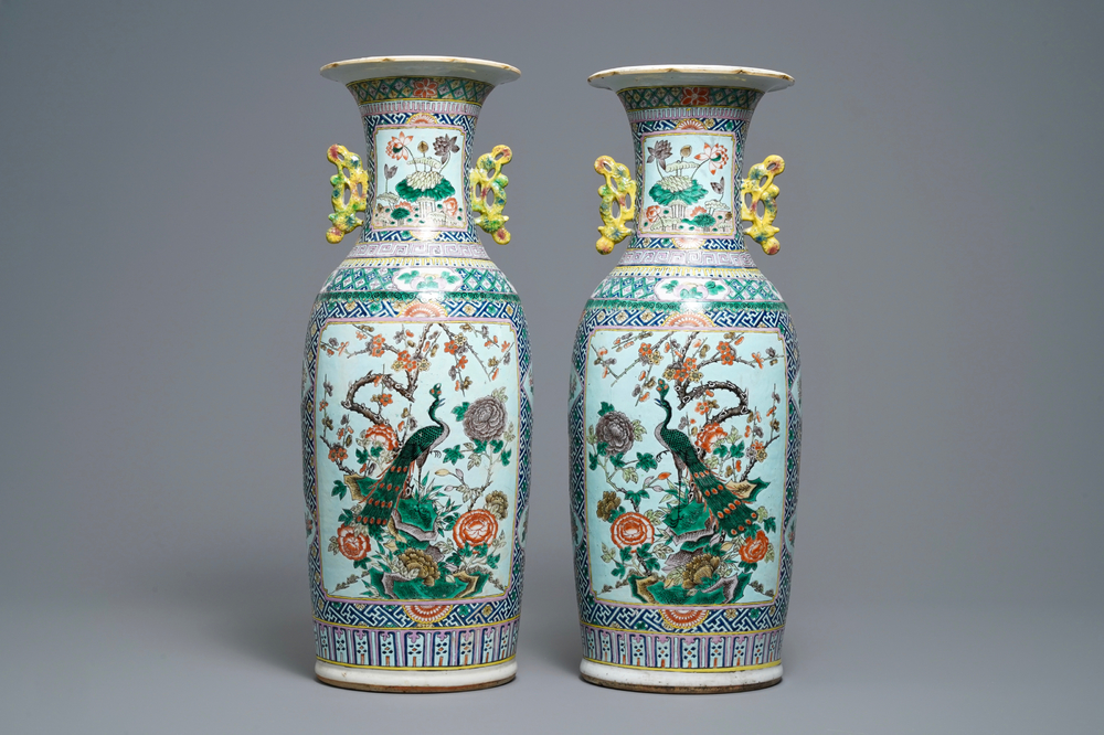 A pair of Chinese famille rose vases with birds among flowers, 19th C.