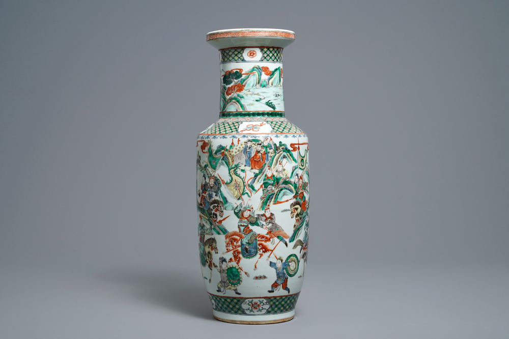 A Chinese famille verte rouleau 'warriors on horseback' vase, 19th C.