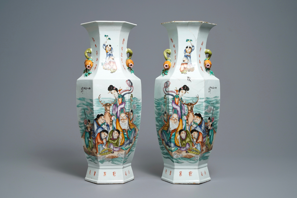 A pair of Chinese hexagonal qianjiang cai 'immortals' vases, signed Wang Qi, dated 1918