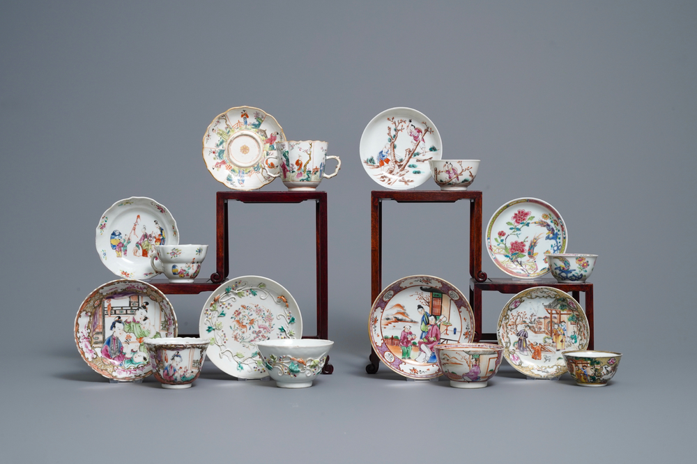 Huit tasses et soucoupes en porcelaine de Chine famille rose, Yongzheng/Qianlong