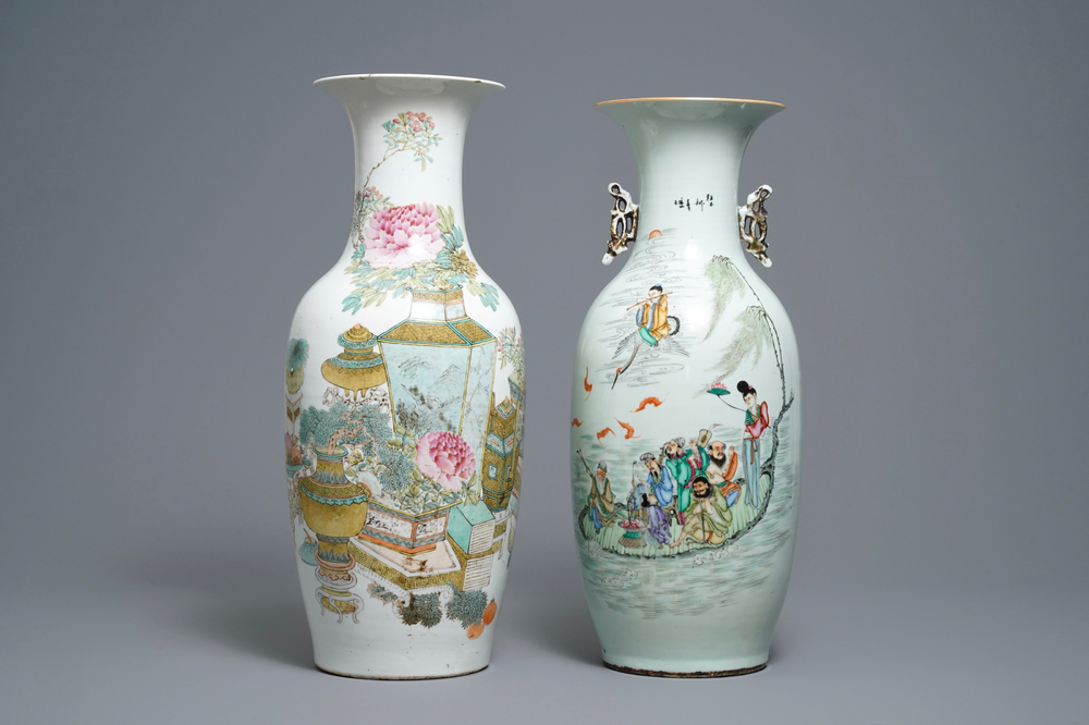 Deux vases en porcelaine de Chine famille rose et qianjiang cai, un sign&eacute; Xu Pinheng, 19&egrave;me et 20&egrave;me