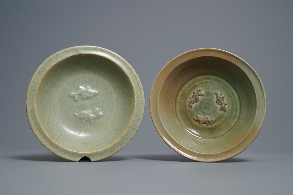 Two Chinese Longquan celadon plates with applied fish, Ming