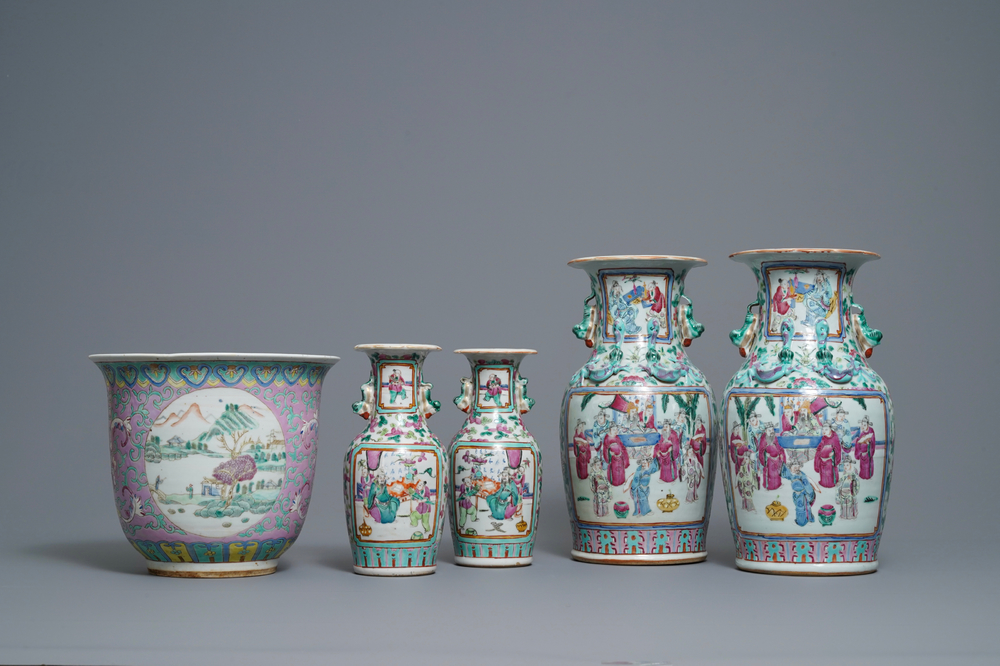 Two pairs of Chinese famille rose vases and a jardini&egrave;re, 19th C.