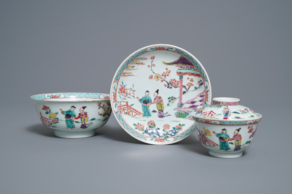 Two Chinese famille rose bowls and a plate, Yongzheng mark and of the period