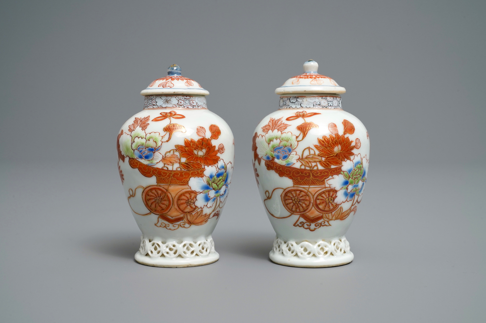 A pair of Chinese iron red and gilt tea caddies and covers, Yongzheng