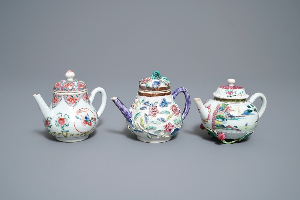 Three Chinese famille rose teapots and covers, Yongzheng