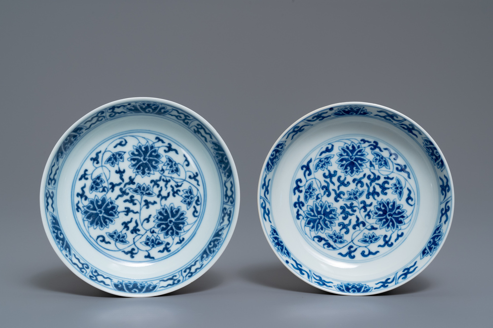 A pair of Chinese blue and white 'lotus scroll' plates, Guangxu mark and of the period