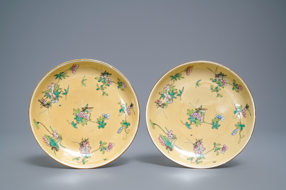A pair of Chinese famille rose caf&eacute;-au-lait-ground plates, Daoguang mark and of the period