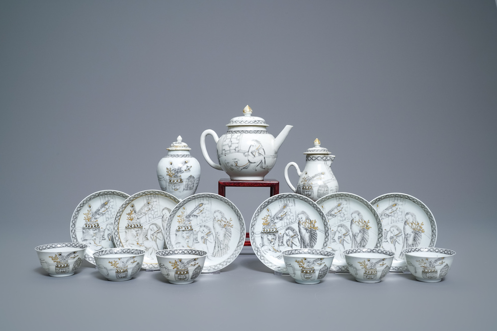 A Chinese grisaille 15-piece tea service with 'brothel' design, Yongzheng/Qianlong