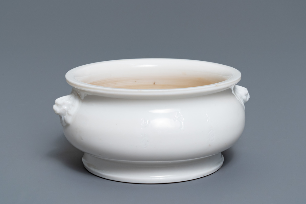 A Chinese blanc de Chine censer with inscription, Kangxi